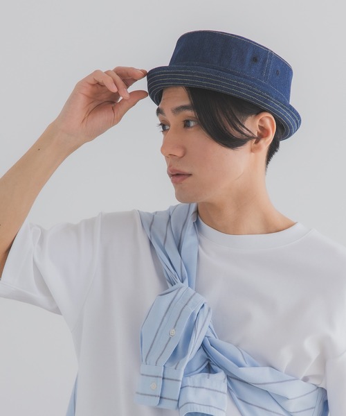 polcadot(ポルカドット)の「デニム ポークパイハット(ハット・メンズ・ブラック/ネイビー/ストライプ・XL/M)」の1枚目の写真