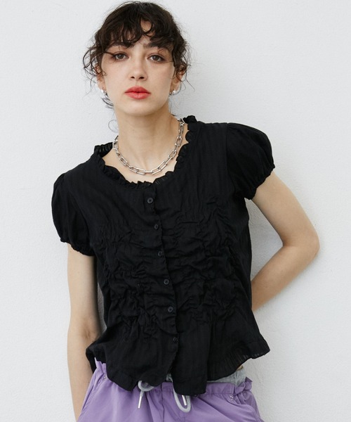 Shirring Sheer Short Sleeve Blouse/シャーリングシアーブラウス