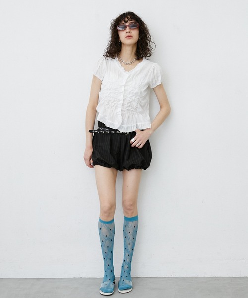 uyu.(ウユ)の「Shirring Sheer Short Sleeve Blouse/シャーリングシアーブラウス(シャツ/ブラウス・レディース・ホワイト/ブラック・FREE)」の20枚目の写真
