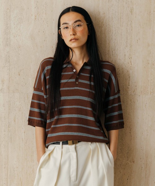 CREDONA(クレドナ)の「MULCH BORDER KNIT POLO/マルチバーダーニットポロ(Tシャツ/カットソー・レディース・アイボリー/グレー/ブラウン/レッド・FREE)」の1枚目の写真