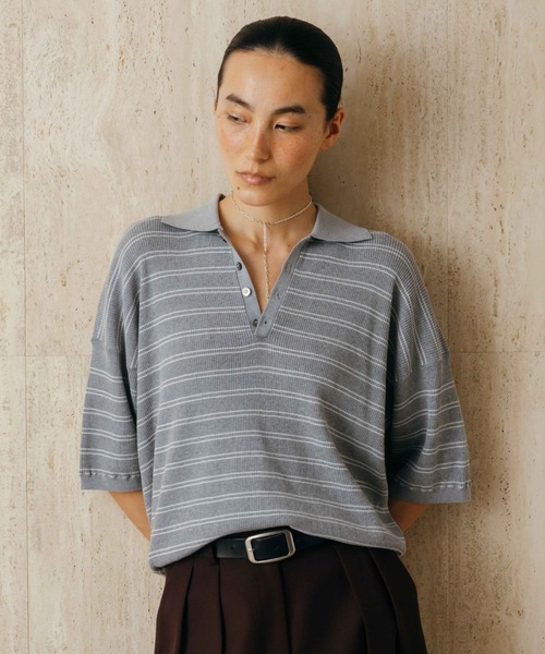 CREDONA(クレドナ)の「MULCH BORDER KNIT POLO/マルチバーダーニットポロ(Tシャツ/カットソー・レディース・アイボリー/グレー/ブラウン/レッド・FREE)」の4枚目の写真