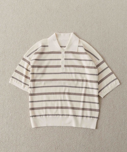 CREDONA(クレドナ)の「MULCH BORDER KNIT POLO/マルチバーダーニットポロ(Tシャツ/カットソー・レディース・アイボリー/グレー/ブラウン/レッド・FREE)」の3枚目の写真