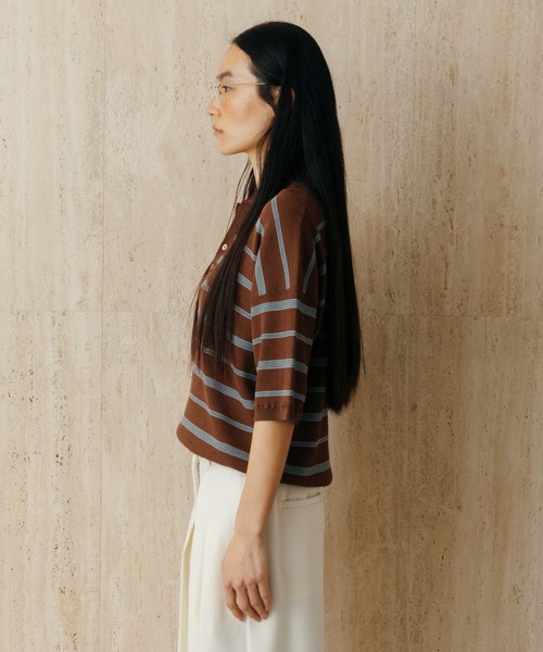 CREDONA(クレドナ)の「MULCH BORDER KNIT POLO/マルチバーダーニットポロ(Tシャツ/カットソー・レディース・アイボリー/グレー/ブラウン/レッド・FREE)」の5枚目の写真