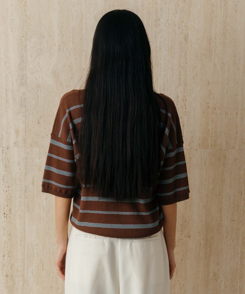 CREDONA(クレドナ)の「MULCH BORDER KNIT POLO/マルチバーダーニットポロ(Tシャツ/カットソー・レディース・アイボリー/グレー/ブラウン/レッド・FREE)」の6枚目の写真