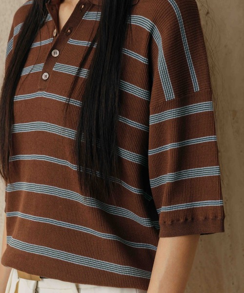 CREDONA(クレドナ)の「MULCH BORDER KNIT POLO/マルチバーダーニットポロ(Tシャツ/カットソー・レディース・アイボリー/グレー/ブラウン/レッド・FREE)」の9枚目の写真