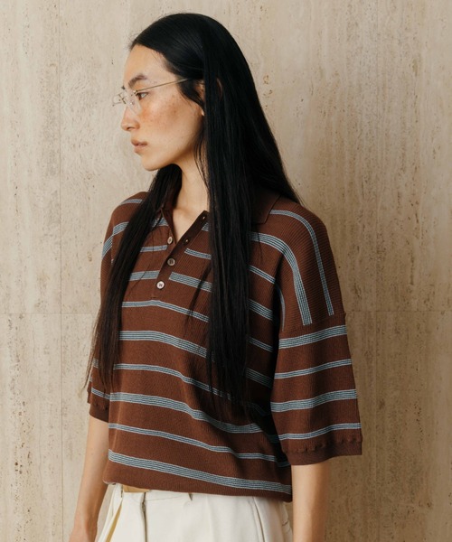 CREDONA(クレドナ)の「MULCH BORDER KNIT POLO/マルチバーダーニットポロ(Tシャツ/カットソー・レディース・アイボリー/グレー/ブラウン/レッド・FREE)」の7枚目の写真