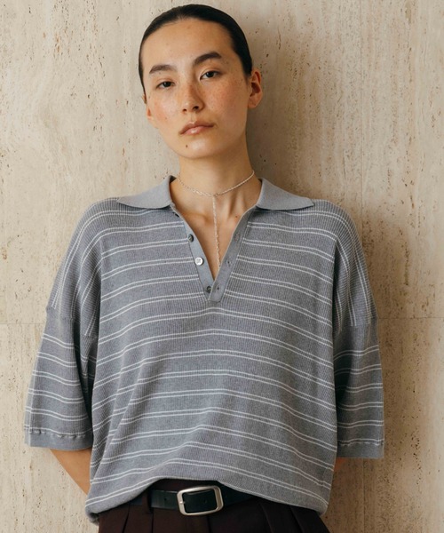 CREDONA(クレドナ)の「MULCH BORDER KNIT POLO/マルチバーダーニットポロ(Tシャツ/カットソー・レディース・アイボリー/グレー/ブラウン/レッド・FREE)」の13枚目の写真