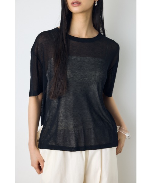 AZUL by moussy(アズールバイマウジー)の「【身長/骨格別着用画像あり】シアールーズ半袖ニット 春服 夏服 秋服 サマーニットトップス メッシュニット(ニット/セーター・レディース・ブラック/オレンジ/ブルー/グレイッシュベージュ・FREE)」の21枚目の写真