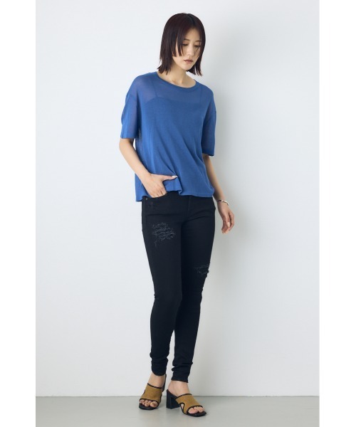 AZUL by moussy(アズールバイマウジー)の「【身長/骨格別着用画像あり】シアールーズ半袖ニット 春服 夏服 秋服 サマーニットトップス メッシュニット(ニット/セーター・レディース・ブラック/オレンジ/ブルー/グレイッシュベージュ・FREE)」の6枚目の写真
