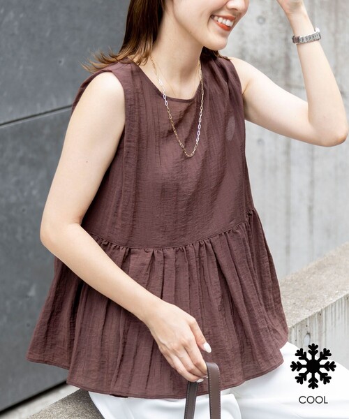NOLLEY’S（ノーリーズ）の「《接触冷感》【BECシリーズ】ウォッシャブルシアーノースリーブペプラムブラウス（シャツ/ブラウス・レディース・チャコールグレー/ブラウン/イエロー・38）」の2枚目の写真