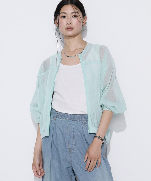 K.T KIYOKO TAKASE(キヨコタカセ)の「天竺編み シアージップアップニット(カーディガン/ボレロ・レディース・ネイビー/ミント・FREE)」の13枚目の写真