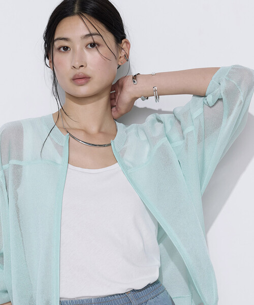 K.T KIYOKO TAKASE(キヨコタカセ)の「天竺編み シアージップアップニット(カーディガン/ボレロ・レディース・ネイビー/ミント・FREE)」の14枚目の写真