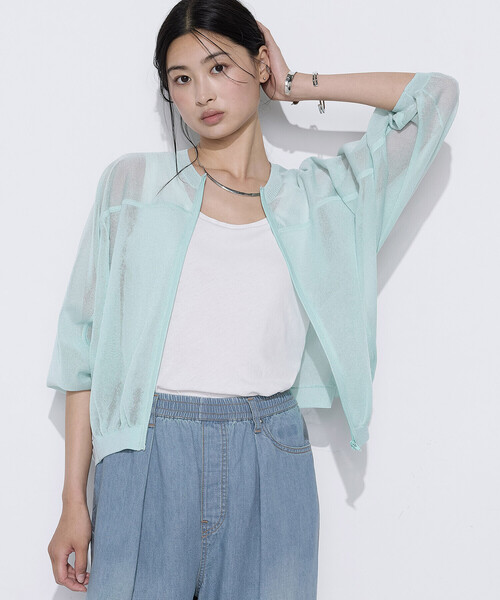 K.T KIYOKO TAKASE(キヨコタカセ)の「天竺編み シアージップアップニット(カーディガン/ボレロ・レディース・ネイビー/ミント・FREE)」の15枚目の写真