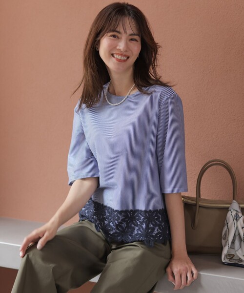 J.PRESS(ジェイプレス)の「【一枚で着映え】ストライプレース クルーネック カットソー(Tシャツ/カットソー・レディース・ベージュ系1/ネイビー系1/ブラウン系1・T13/T15)」の4枚目の写真