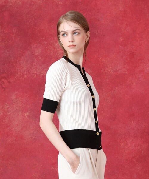 LOULOU WILLOUGHBY(ルルウィルビー)の「◇バイカラーキーネック5分袖カーディガン(カーディガン/ボレロ・レディース・ブラック/オフホワイト・2)」の4枚目の写真