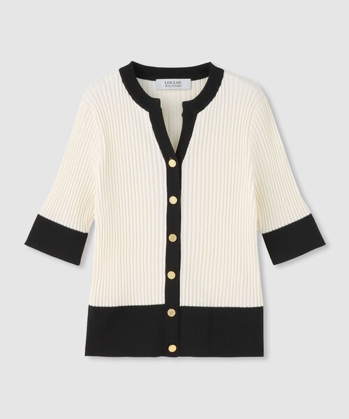 LOULOU WILLOUGHBY(ルルウィルビー)の「◇バイカラーキーネック5分袖カーディガン(カーディガン/ボレロ・レディース・ブラック/オフホワイト・2)」の8枚目の写真