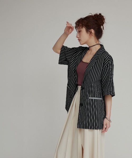 W:Huku(フーク)の「【W:Huku / ブロードストライプ】シングル シャツ ジャケット / Broad Stripe Single-Breasted Shirt Jacket(テーラードジャケット・レディース・ブルー/ブラウン/ブラック・FREE)」の5枚目の写真