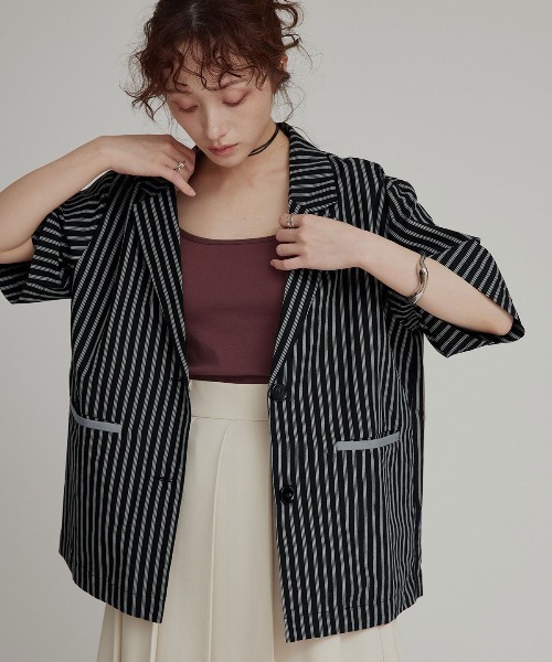 W:Huku(フーク)の「【W:Huku / ブロードストライプ】シングル シャツ ジャケット / Broad Stripe Single-Breasted Shirt Jacket(テーラードジャケット・レディース・ブルー/ブラウン/ブラック・FREE)」の14枚目の写真