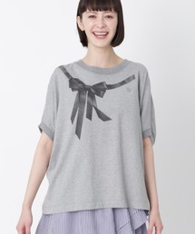 スワイー天竺レザーリボンモチーフプリントドルマンTシャツ