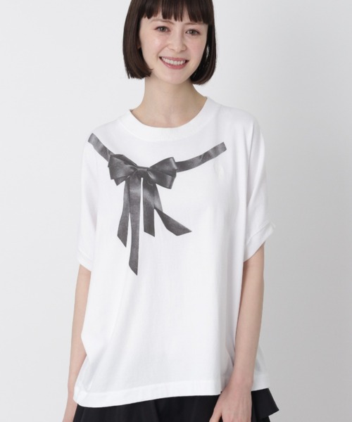 H.A.K(ハク)の「スワイー天竺レザーリボンモチーフプリントドルマンTシャツ(Tシャツ/カットソー・レディース・ホワイト/杢グレー/ブラック・FREE)」の1枚目の写真