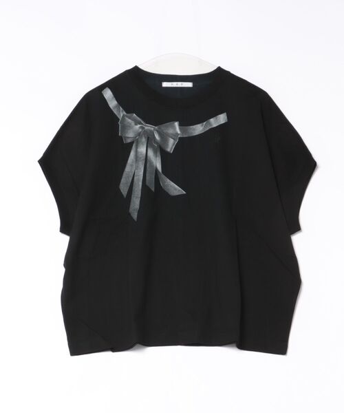 H.A.K(ハク)の「スワイー天竺レザーリボンモチーフプリントドルマンTシャツ(Tシャツ/カットソー・レディース・ホワイト/杢グレー/ブラック・FREE)」の5枚目の写真