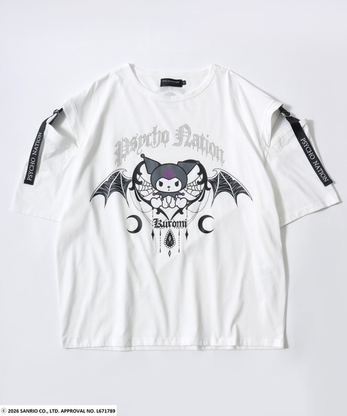 sanrio（サンリオ）の「クロミ 肩開き リボンストラップ ビッグTシャツ / ラインストーンロゴ オーバーサイズ ユニセックス（Tシャツ/カットソー・レディース・ホワイト/ブラック/ブラック系その他・44）」の4枚目の写真