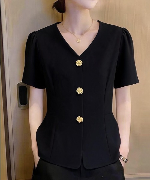 LUCPY（ラクピー）の「ゴールドボタンVネックペプラムトップス（その他トップス・レディース・ブラック・XXX-LARGE/XX-LARGE/X-LARGE/LARGE）」の2枚目の写真