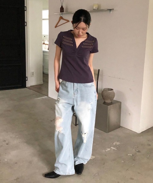 gossip!ロサンゼルス(ゴシップロサンゼルス)の「「Y2Kガーリー」 ナポレオン 半袖 Vネック(Tシャツ/カットソー・レディース・グレー/ブラック・M)」の14枚目の写真