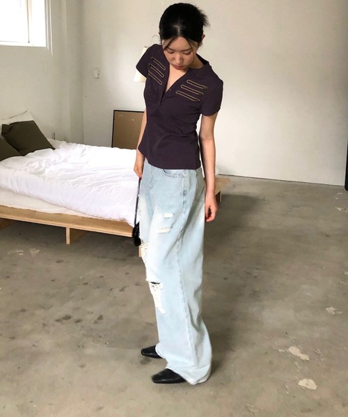 gossip!ロサンゼルス(ゴシップロサンゼルス)の「「Y2Kガーリー」 ナポレオン 半袖 Vネック(Tシャツ/カットソー・レディース・グレー/ブラック・M)」の15枚目の写真