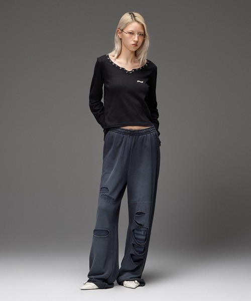 X-girl(エックスガール)の「LAYERED DISTRESSED SWEATPANTS(スウェットパンツ・レディース・アッシュ/ブラック・S/M)」の9枚目の写真