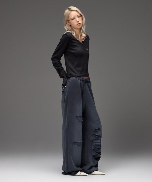 X-girl(エックスガール)の「LAYERED DISTRESSED SWEATPANTS(スウェットパンツ・レディース・アッシュ/ブラック・S/M)」の10枚目の写真