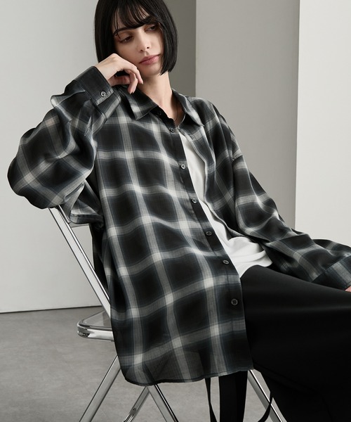 cussil（クシル）の「【cussil/クシル】シアーオンブレチェックルーズ レギュラーカラー長袖シャツ（シャツ/ブラウス・メンズ・ブラック・S/M/L）」の6枚目の写真