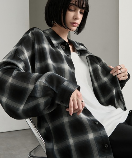 cussil（クシル）の「【cussil/クシル】シアーオンブレチェックルーズ レギュラーカラー長袖シャツ（シャツ/ブラウス・メンズ・ブラック・S/M/L）」の7枚目の写真