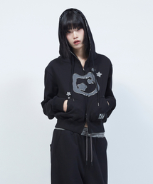 キャットシンボルパッチワーククロップフードジップアップBLACK