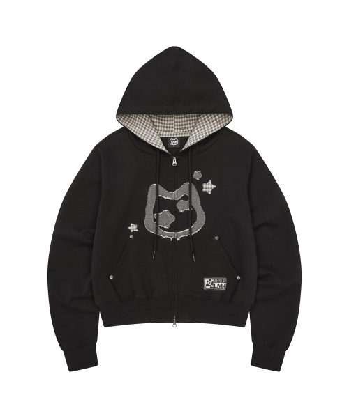 LMR(エルエムアール)の「キャットシンボルパッチワーククロップフードジップアップBLACK(パーカー・レディース・ブラック・LARGE/SMALL/MEDIUM)」の2枚目の写真