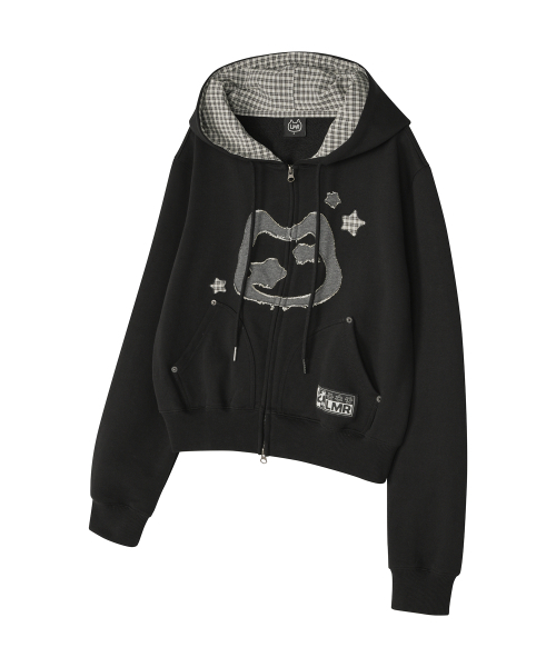 LMR(エルエムアール)の「キャットシンボルパッチワーククロップフードジップアップBLACK(パーカー・レディース・ブラック・LARGE/SMALL/MEDIUM)」の4枚目の写真