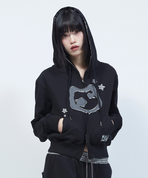 LMR(エルエムアール)の「キャットシンボルパッチワーククロップフードジップアップBLACK(パーカー・レディース・ブラック・LARGE/SMALL/MEDIUM)」の13枚目の写真