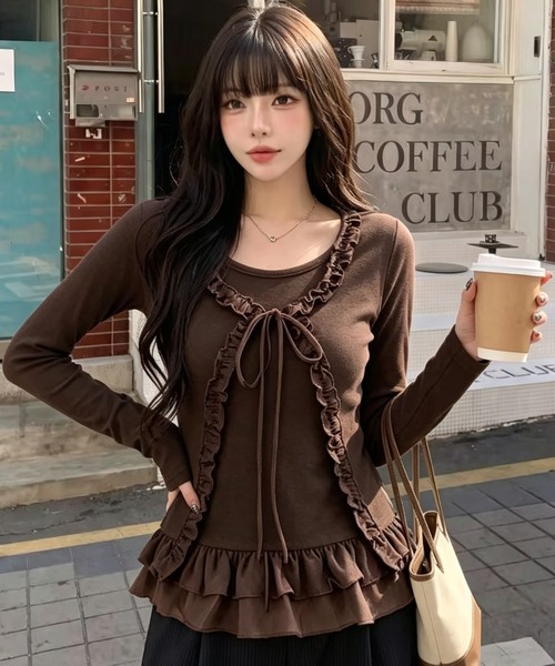 AVYL(アヴィル)の「フリルラインリボン長袖(Tシャツ/カットソー・レディース・グレー/ブラウン/ホワイト・M)」の3枚目の写真