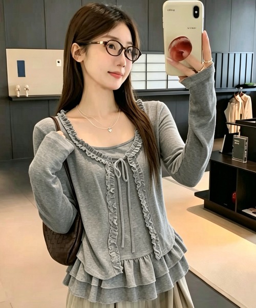AVYL(アヴィル)の「フリルラインリボン長袖(Tシャツ/カットソー・レディース・グレー/ブラウン/ホワイト・M)」の2枚目の写真