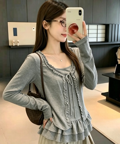 AVYL(アヴィル)の「フリルラインリボン長袖(Tシャツ/カットソー・レディース・グレー/ブラウン/ホワイト・M)」の10枚目の写真
