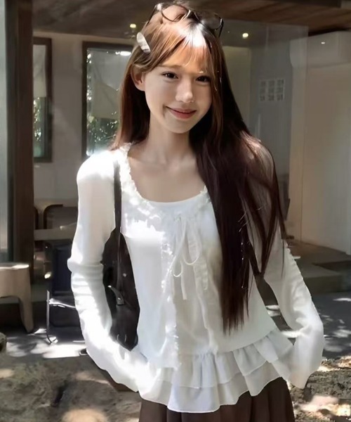 AVYL(アヴィル)の「フリルラインリボン長袖(Tシャツ/カットソー・レディース・グレー/ブラウン/ホワイト・M)」の13枚目の写真