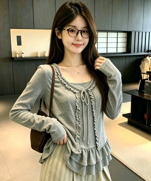 AVYL(アヴィル)の「フリルラインリボン長袖(Tシャツ/カットソー・レディース・グレー/ブラウン/ホワイト・M)」の9枚目の写真