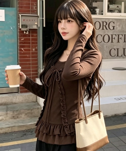 AVYL(アヴィル)の「フリルラインリボン長袖(Tシャツ/カットソー・レディース・グレー/ブラウン/ホワイト・M)」の4枚目の写真
