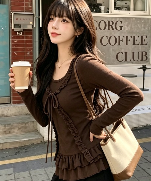 AVYL(アヴィル)の「フリルラインリボン長袖(Tシャツ/カットソー・レディース・グレー/ブラウン/ホワイト・M)」の6枚目の写真
