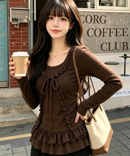 AVYL(アヴィル)の「フリルラインリボン長袖(Tシャツ/カットソー・レディース・グレー/ブラウン/ホワイト・M)」の5枚目の写真