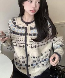 フェアアイル柄ニットカーディガン ボタン留め ゆったり 秋冬レディース