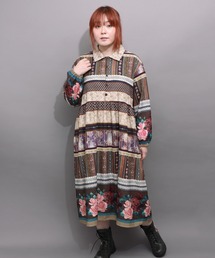 563219:クラシカルローズ パッチワーク風柄シャツワンピ