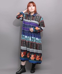 563219：クラシカルローズ パッチワーク風柄シャツワンピ