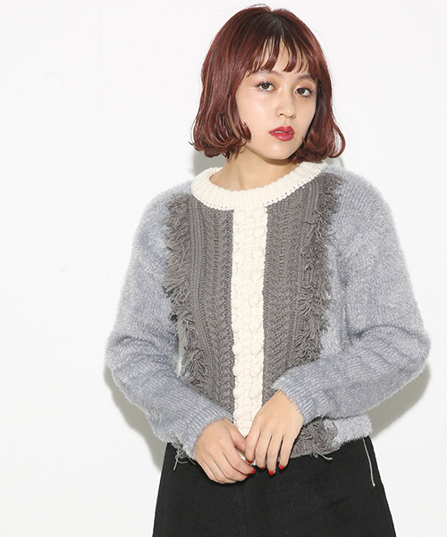 SLY(スライ)の「PON PON FRINGE SHAGGY MG TOPS(ニット/セーター・レディース・グレー/オフホワイト・2/1)」の2枚目の写真