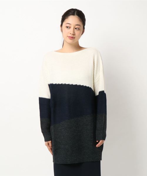 GeeRA（ジーラ）の「アンゴラタッチ変形配色ゆったりデザインニット（ニット/セーター・レディース・ネイビー/グレー系その他/オフホワイト・MEDIUM/LARGE）」の6枚目の写真